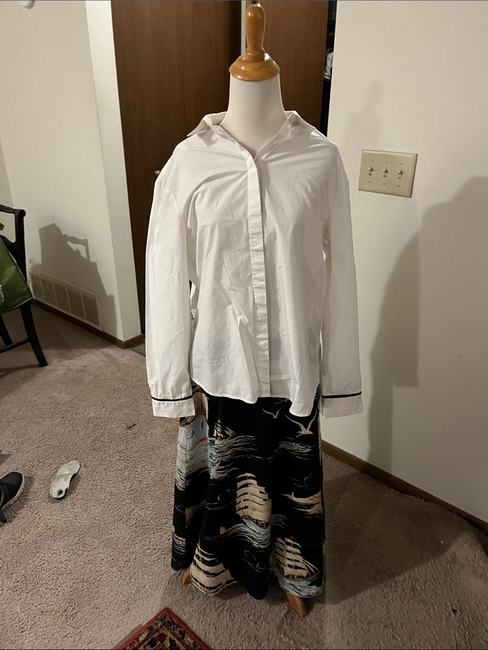 White Button-Front Women's Shirt with navy Trim
